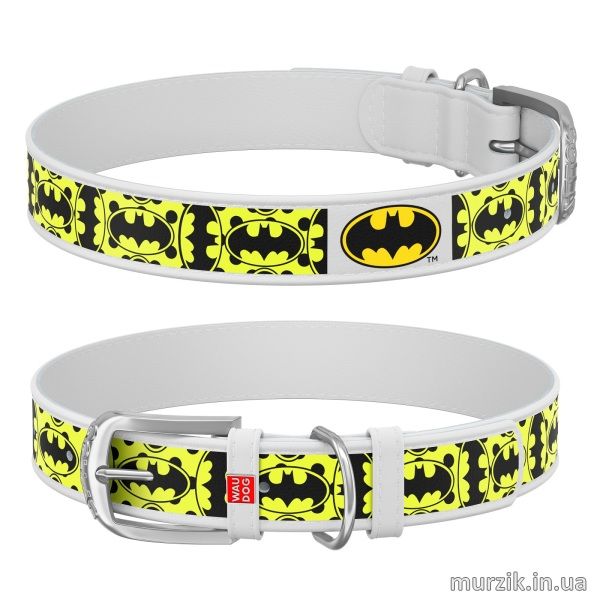 Ошейник для собак Collar WAU DOG Design DC Comics с рисунком "Бэтмен4", 30-39 см/20 мм, натуральная кожа, белый 41498609 фото