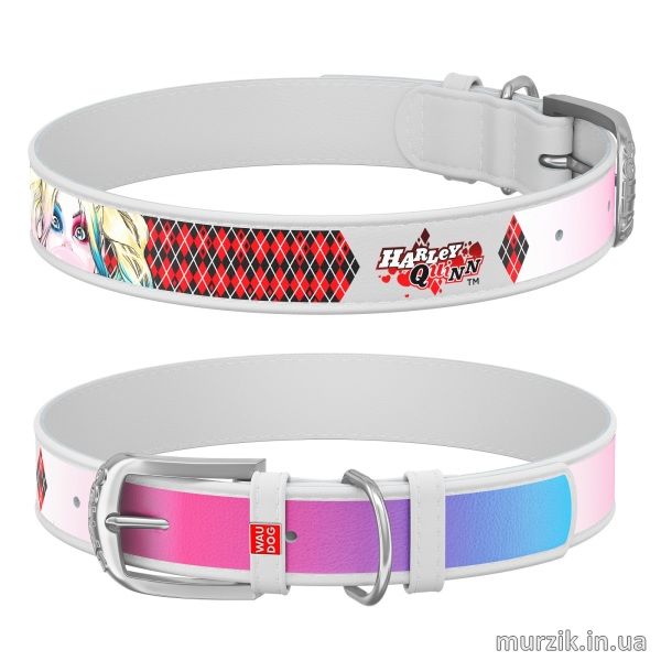 Ошейник для собак Collar WAU DOG Design DC Comics с рисунком "Харли Квинн", 30-39 см/20 мм, натуральная кожа, белый 41498553 фото