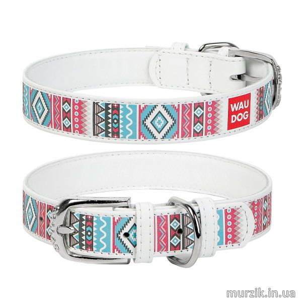 Ошейник для собак Collar WAU DOG Printed с рисунком "Этно", размер M (38-49 см/ 25 мм), натуральная кожа, белый 32583314 фото