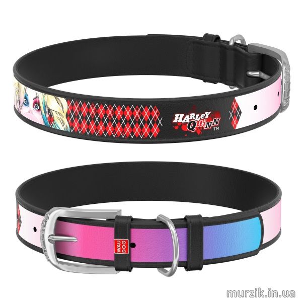 Ошейник для собак Collar WAU DOG Design DC Comics с рисунком "Харли Квинн", 21-29 см/12 мм, натуральная кожа, черный 41498562 фото