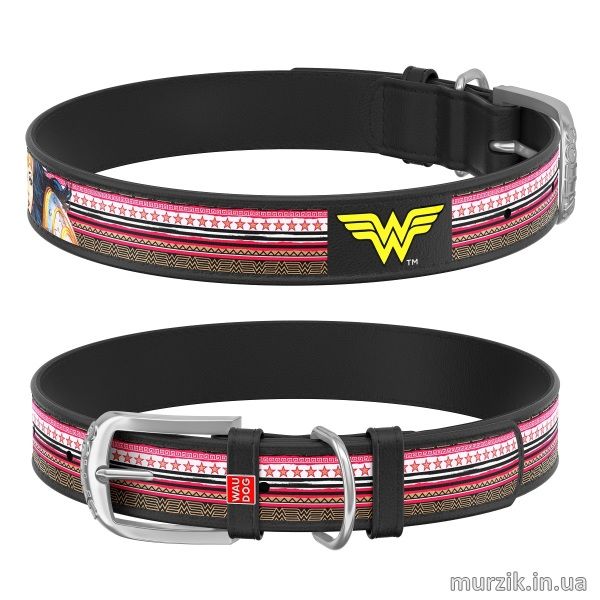 Ошейник для собак Collar WAU DOG Design DC Comics с рисунком "Чудо-женщина", 21-29 см/12 мм, натуральная кожа, черный 41477694 фото