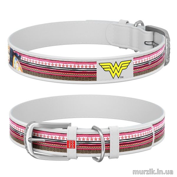 Ошейник для собак Collar WAU DOG Design DC Comics с рисунком "Чудо-женщина", 21-29 см/12 мм, натуральная кожа, белый 41477696 фото