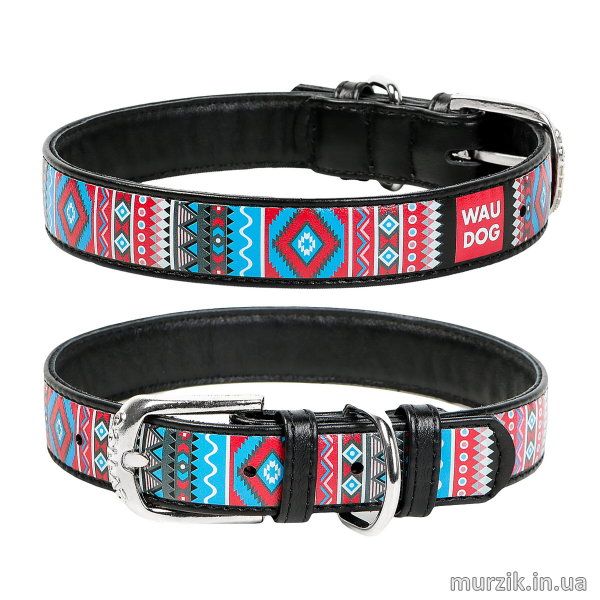 Ошейник для собак Collar WAU DOG Printed с рисунком "Этно", размер XS (19-25 см/12 мм), натуральная кожа, черный 32583378 фото