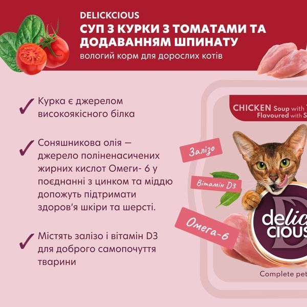 DELICKCIOUS суп из курицы с помидорами и шпинатом. Корм для взрослых кошек, 0,08 кг SAPC D6251301 фото