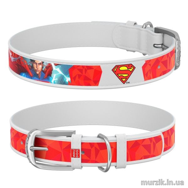 Ошейник для собак Collar WAU DOG Design DC Comics с рисунком "Супермен1", 30-39 см/20 мм, натуральная кожа, белый 41498622 фото