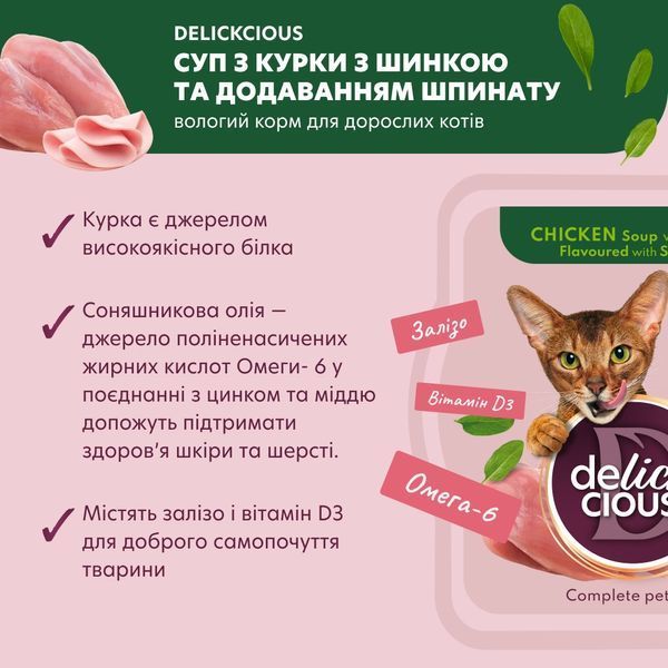 DELICKCIOUS суп из курицы с ветчиной и шпинатом. Корм для взрослых кошек 0,08 кг SAPC D6251302 фото