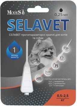Селавет (Selavet) протипаразитні краплі для собак та котів від 0,5 кг до 2,5 кг, 0,25 мл, MODES ЗС000388 фото
