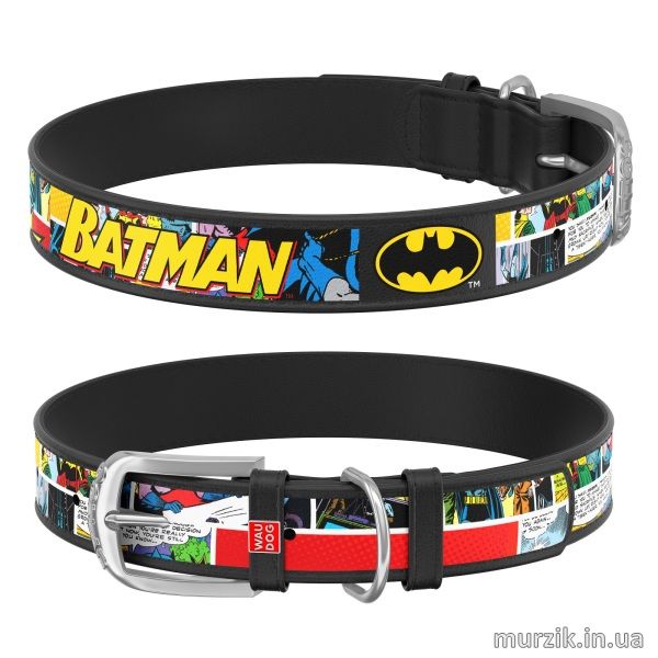 Ошейник для собак Collar WAU DOG Design DC Comics с рисунком "Бэтмен1", 30-39 см/20 мм, натуральная кожа, черный 41498566 фото