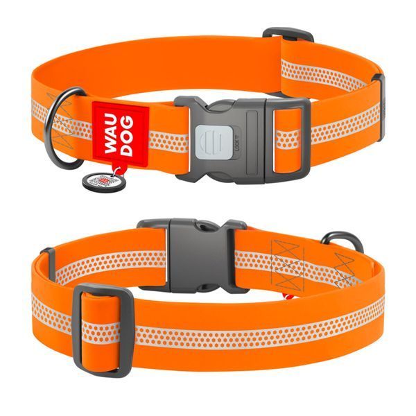 Нашийник для собак водостійкий WAUDOG Waterproof з QR паспортом, світловідбивний, пластиковий фастекс, XXL, Ш 40 мм, Дов 46-70 см, помаранчевий 251011 фото