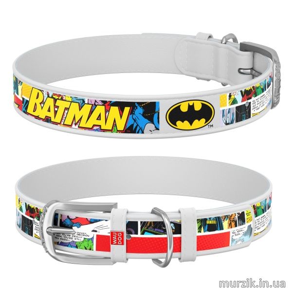 Ошейник для собак Collar WAU DOG Design DC Comics с рисунком "Бэтмен1", 30-39 см/20 мм, натуральная кожа, белый 41498567 фото