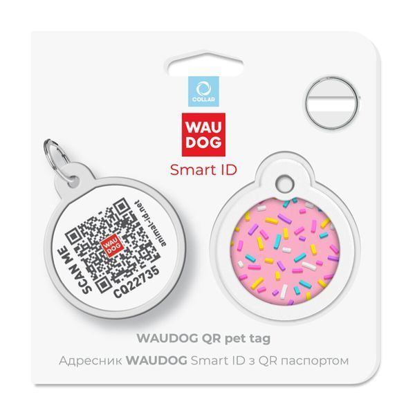 Адресник для собак и котов металлический WAUDOG Smart ID c QR паспортом, рисунок "Маршмеллоу", круг, Д 30 мм 230-0214 фото
