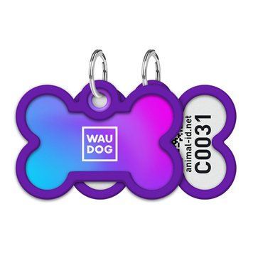 Адресник для собак и котов металлический WAUDOG Smart ID c QR паспортом, рисунок "Градиент фиолетовый", кость, Д 40 мм, Ш 28 мм 231-4034 фото