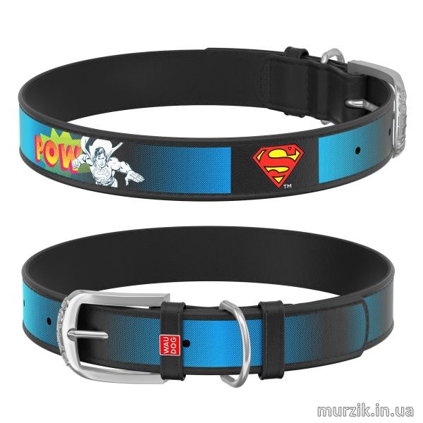 Ошейник для собак Collar WAU DOG Design DC Comics с рисунком "Супермен2", 21-29 см/12 мм, натуральная кожа, черный 41498629 фото