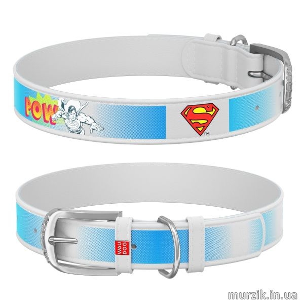 Ошейник для собак Collar WAU DOG Design DC Comics с рисунком "Супермен2", 21-29 см/12 мм, натуральная кожа, белый 41498630 фото