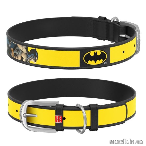 Ошейник для собак Collar WAU DOG Design DC Comics с рисунком "Бэтмен2", 21-29 см/12 мм, натуральная кожа, черный 41498574 фото