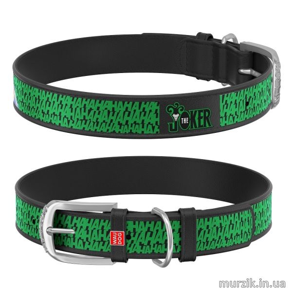 Ошейник для собак Collar WAU DOG Design DC Comics с рисунком "Джокер", 19-25 см/12 мм, натуральная кожа, черный 41497674 фото