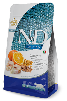 Сухий корм для котів Farmina N&D Ocean Cod, Spelt, Oats & Orange Adult, низькозерновий, з тріскою та апельсином, 300 г 160 735 фото