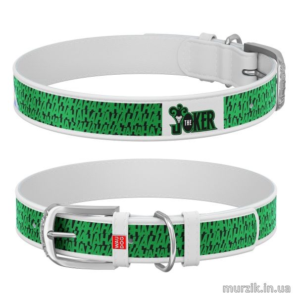 Ошейник для собак Collar WAU DOG Design DC Comics с рисунком "Джокер", 19-25 см/12 мм, натуральная кожа, белый 41497675 фото