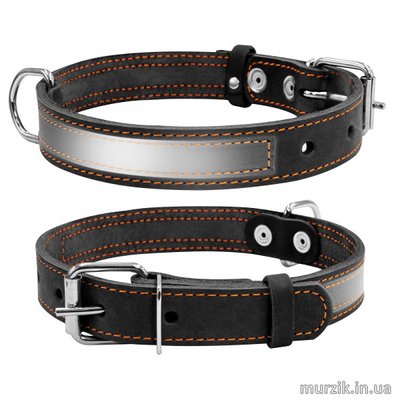 Ошейник для собак Collar, со светоотражающей лентой, размер М (38-50 см/25 мм), натуральная кожа, черный 32584648 фото