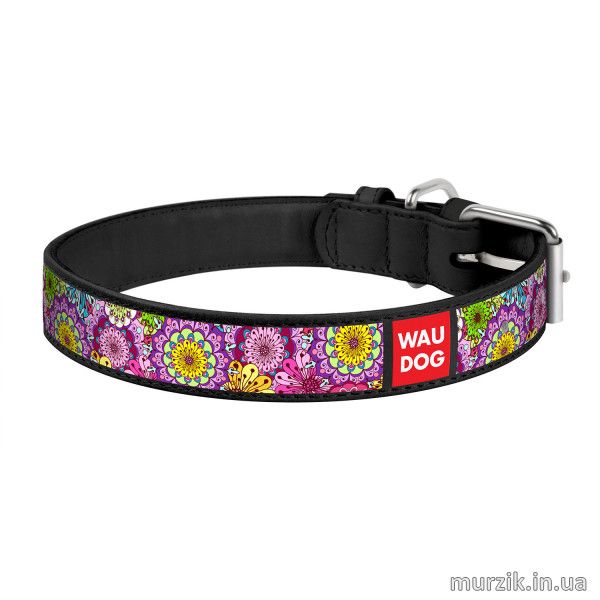 Ошейник для собак Collar WAU DOG Design Exclusive с рисунком "Весна", 18-24 см/12 мм, натуральная кожа, черный 41499033 фото