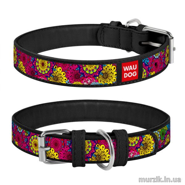 Ошейник для собак Collar WAU DOG Design Exclusive с рисунком "Весна", 18-24 см/12 мм, натуральная кожа, черный 41499033 фото