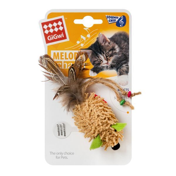 Игрушка для котов Мышка со звуковым чипом GiGwi Melody chaser, текстиль, перо, 7 см 75030 фото