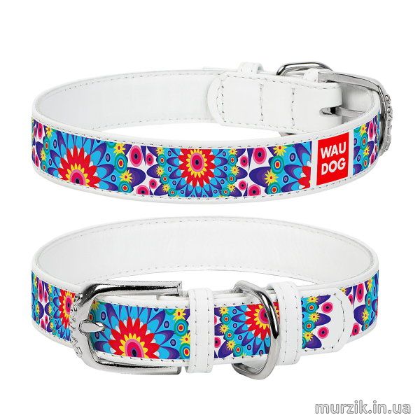 Ошейник для собак Collar WAU DOG Printed с рисунком "Цветы", размер XS (19-25 см/12 мм), натуральная кожа, белый 32583419 фото