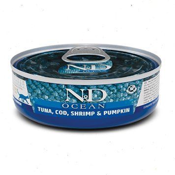 Фарміна вологий N&D Grain Free OCEAN TUNA, COD, SHRIMP & PUMPKIN тунець, креветка, тиква, для котів 70 г 01997 179 461 фото