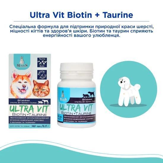 Ультра Віт Біотин та Таурин (Ultra Vit Biotin + Taurine) вітамінно-мінеральні комплекси для собак та котів 140шт*0,5г, MODES ЗС000227 фото