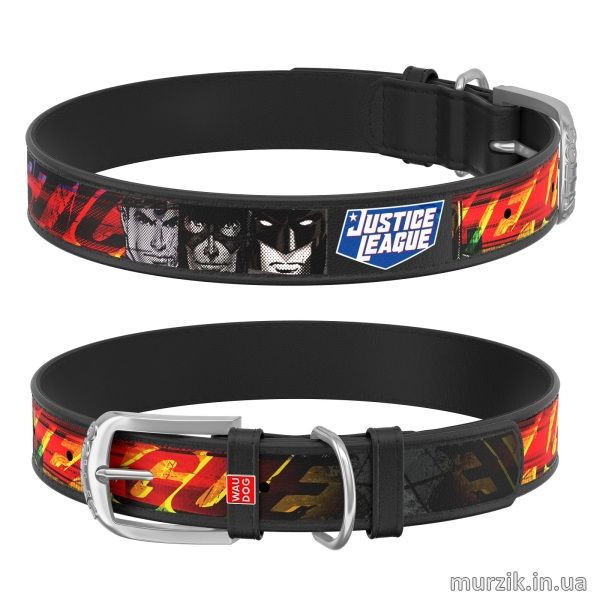 Ошейник для собак Collar WAU DOG Design DC Comics с рисунком "Лига Справедливости", 21-29 см/12 мм, натуральная кожа, черный 41498643 фото