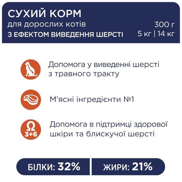 Сухий корм для дорослих котів "Клуб 4 Лапи" Premium Hairball Control з ефектом виведення шерсті, 2 кг. 5234188 фото