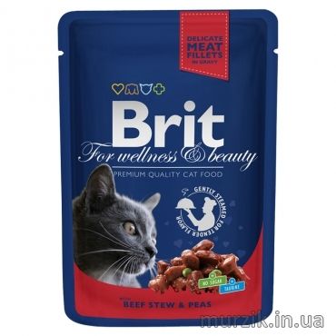 Вологий корм Brit Premium Cat Pouch для котів, з тушкованою яловичиною та горошком, 100 г 100270 фото