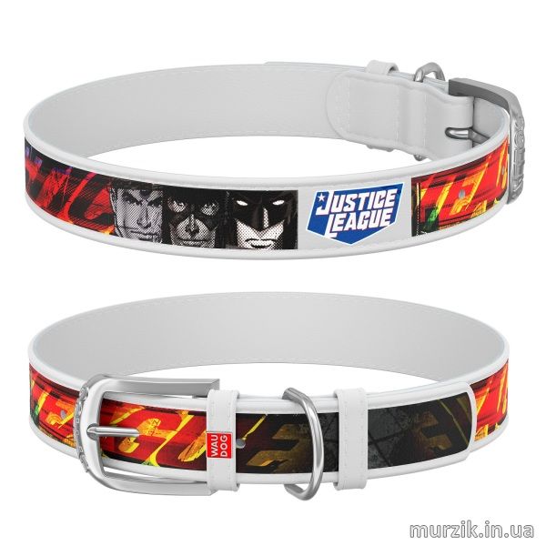 Ошейник для собак Collar WAU DOG Design DC Comics с рисунком "Лига Справедливости", 21-29 см/12 мм, натуральная кожа, белый 41498644 фото