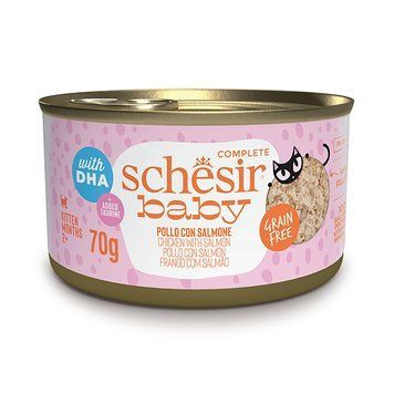 Schesir Ваву Chicken With Salmon ШЕЗІР КУРКА З ЛОСОСЕМ в бульйоні натуральні консерви для кошенят, банка 70г , 0.07 кг. 111159 фото