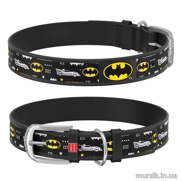 Ошейник для собак Collar WAU DOG Design DC Comics с рисунком "Бэтмен3", 21-29 см/12 мм, натуральная кожа, черный 41498589 фото