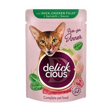 Delickcious Кусочки с уткой, куриным филе и шпинатом в соусе для котов 0,085 кг B5410101 фото