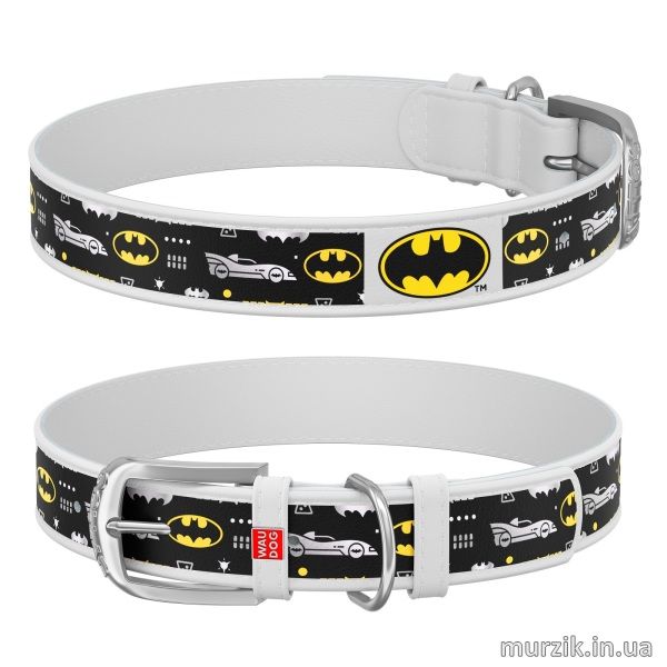 Ошейник для собак Collar WAU DOG Design DC Comics с рисунком "Бэтмен3", 21-29 см/12 мм, натуральная кожа, белый 41498590 фото