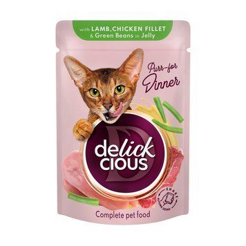 Delickcious Кусочки с ягнятиной, куриным филе и фасолью спаржевой в желе корм для взрослых кошек, 0,085 кг B5410301 фото