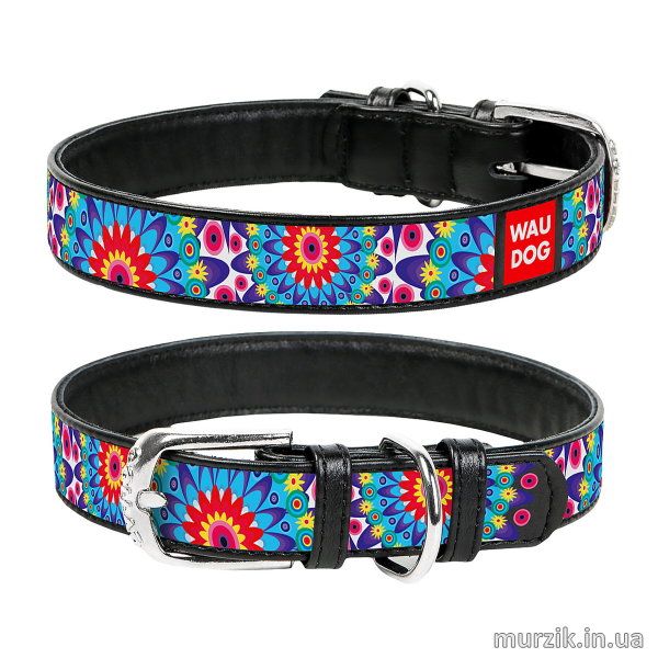 Ошейник для собак Collar WAU DOG Printed с рисунком "Цветы", размер XS (19-25 см/12 мм), натуральная кожа, черный 32583439 фото