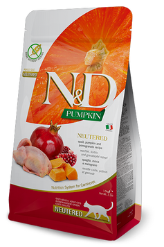 Сухий корм для кастрованих котів Farmina N&D Quail, Pumpkin and Pomegranate Neutered Adult recipe, беззерновий, з перепілкою, гарбузом і гранатом, 1,5 кг 168 808 фото