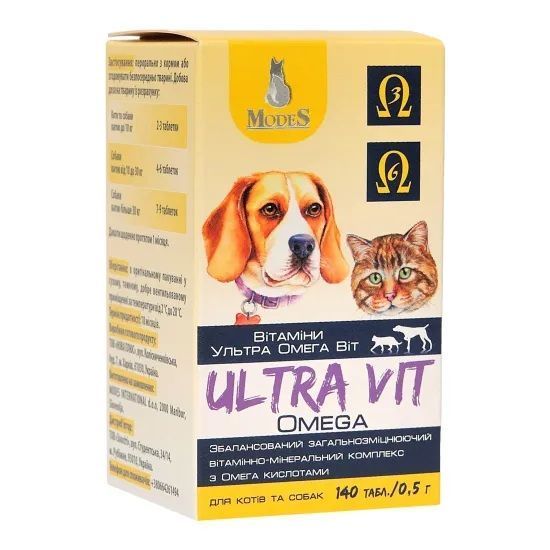 Ультра Віт Омега (Ultra Vit Omega) вітамінно-мінеральні комплекси для собак та котів 140шт*0,5г MODES ЗС000234 фото