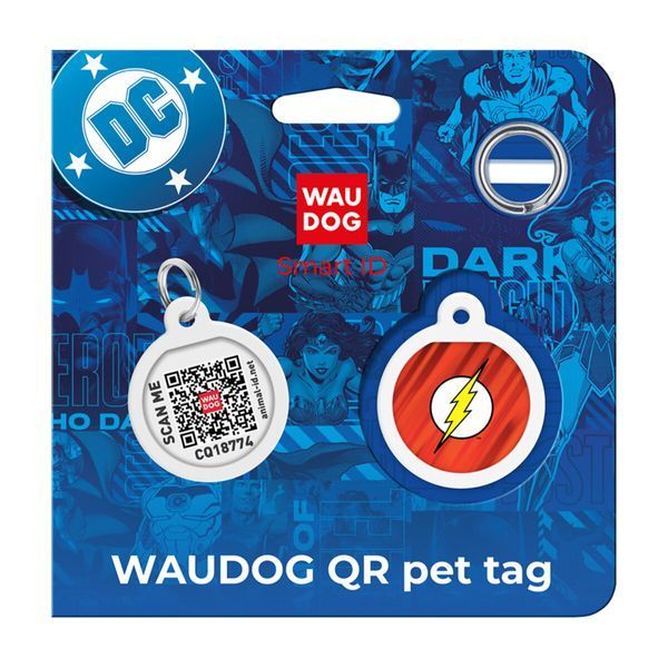 Адресник для собак и котов металлический WAUDOG Smart ID c QR паспортом, рисунок "Флеш лого", круг, Д 25 мм 230-1083 фото