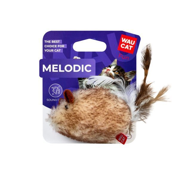 Игрушка для котов WAUCAT Fun Melodic Мышка со звуковым чипом, исскуственный мех, перо, 130 мм 7512 фото
