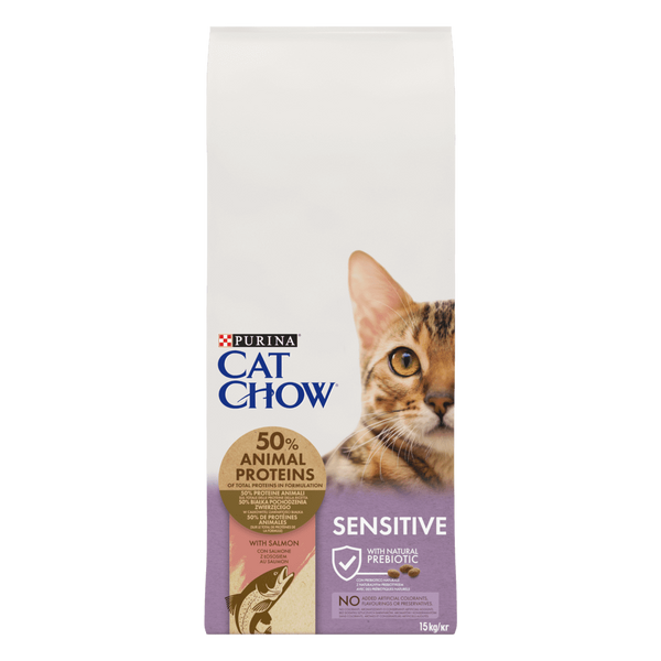 Сухой полнорационный корм CAT CHOW® Sensetiveдля взрослых кошек с чувствительной кожей и пищеварением, с лососем, 15 кг 12293143 фото