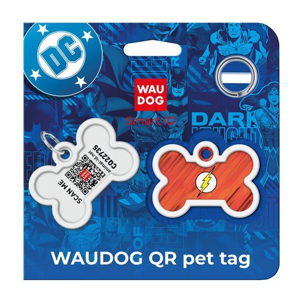 Адресник для собак и котов металлический WAUDOG Smart ID c QR паспортом, рисунок "Флеш лого", кость, Д 40 мм, Ш 28 мм 231-1083 фото