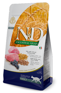 Сухий корм для котів Farmina N&D ANCESTRAL GRAIN, Lamb & Blueberry Adult, низькозерновий, з ягням та чорницею, 300 г 156 430 фото