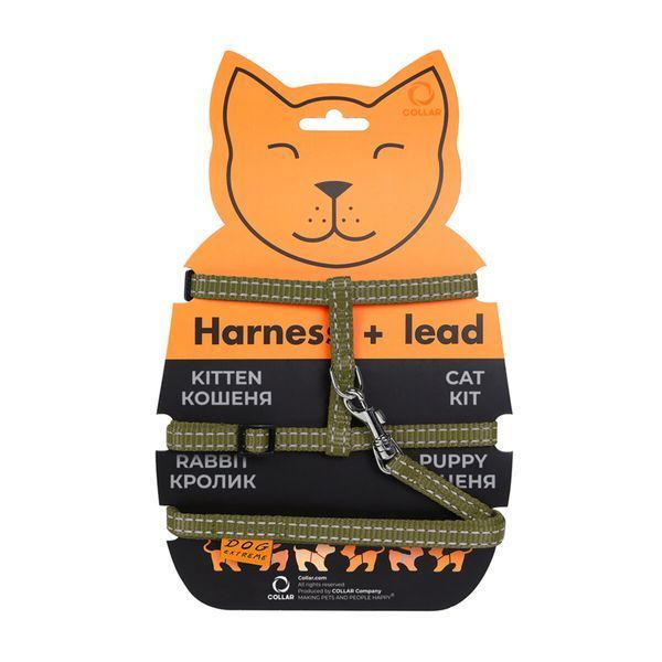 Шлея Dog Extreme з нейлону для котів з повідцем (ширина 10мм, А:20-30см, В:25-40см, довжина 110см) хакі 42854 фото