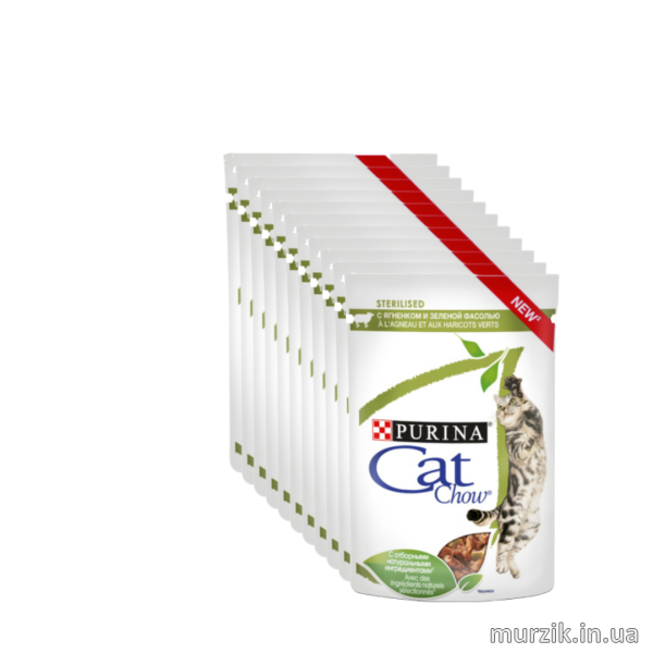 Блок 26ШТ!!! Влажный корм Cat Chow Sterilised кусочки в соусе с ягненком и зеленой фасолью 85*26 шт 41649885 фото