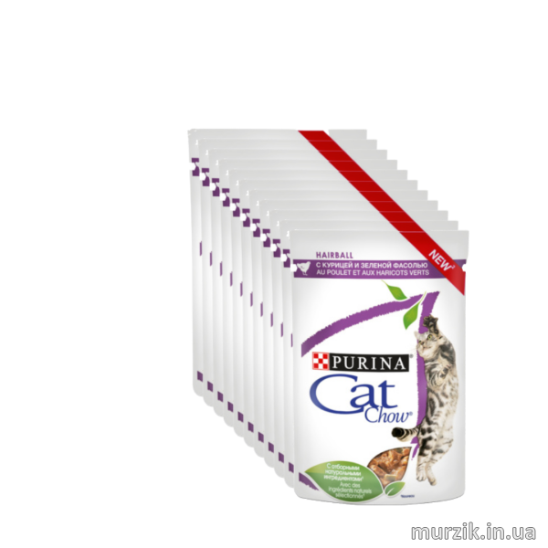 Блок 26 ШТ! Вологий корм Cat Chow Hairball шматочки в соусі з куркою та зеленою квасолею 85*26 шт 41649912 фото