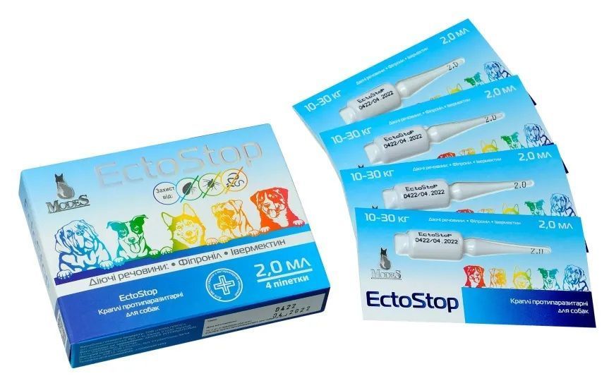 ЭктоСтоп (EctoStop) противопаразитарные капли для собак 10-30кг, 2мл, MODES (от блох, от клещей, от гельминтов) ЗС000239 фото